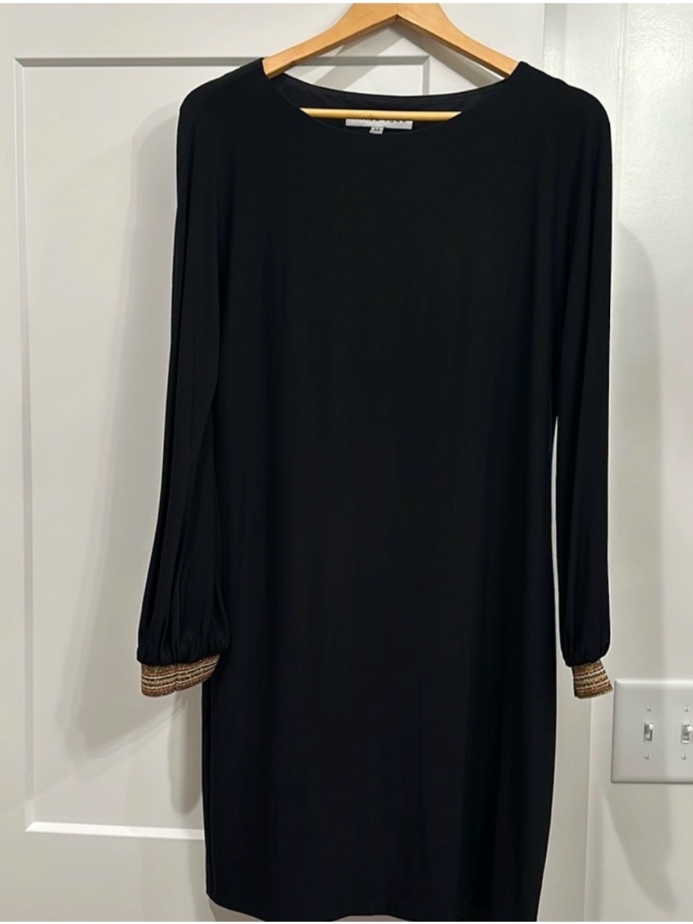 Trina Turk Black Long-Sleeve Shift Dress with Gold-Tone Cuff Detail